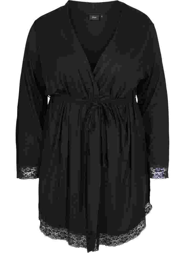 Viscose dressing gown with lace, Black, Packshot