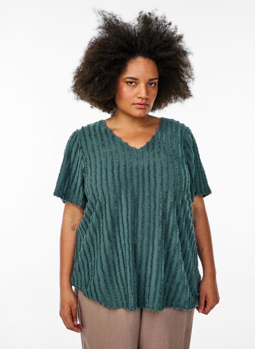 Blouse with short sleeves and striped texture, Green, Model image number 0