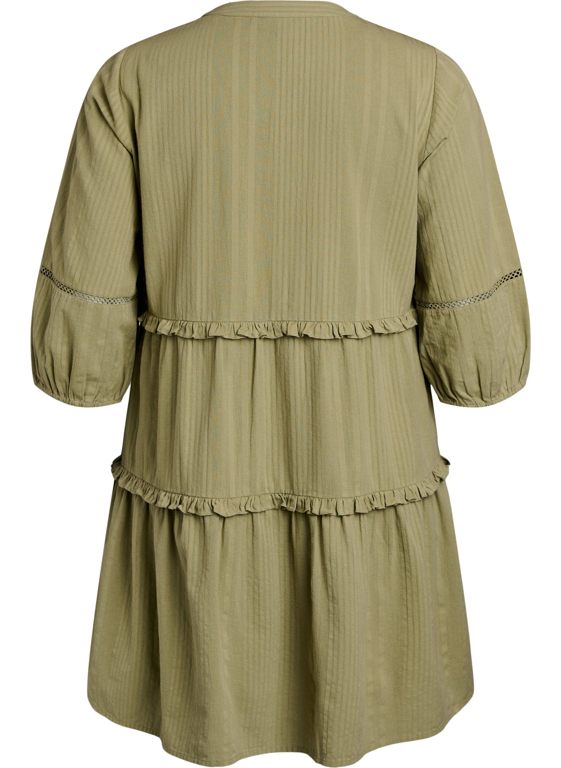 Zizzifashion 3/4 sleeve cotton dress with ruffles, Green, Packshot image number 1
