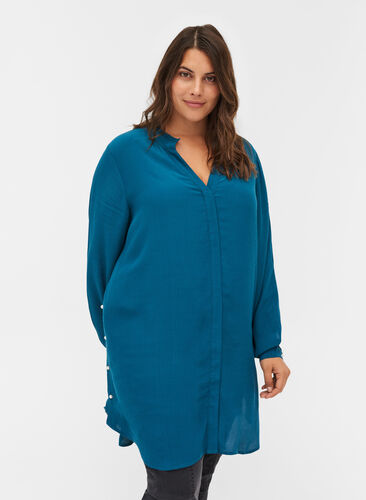 Viscose tunic with pearls, Moroccan Blue, Model image number 0