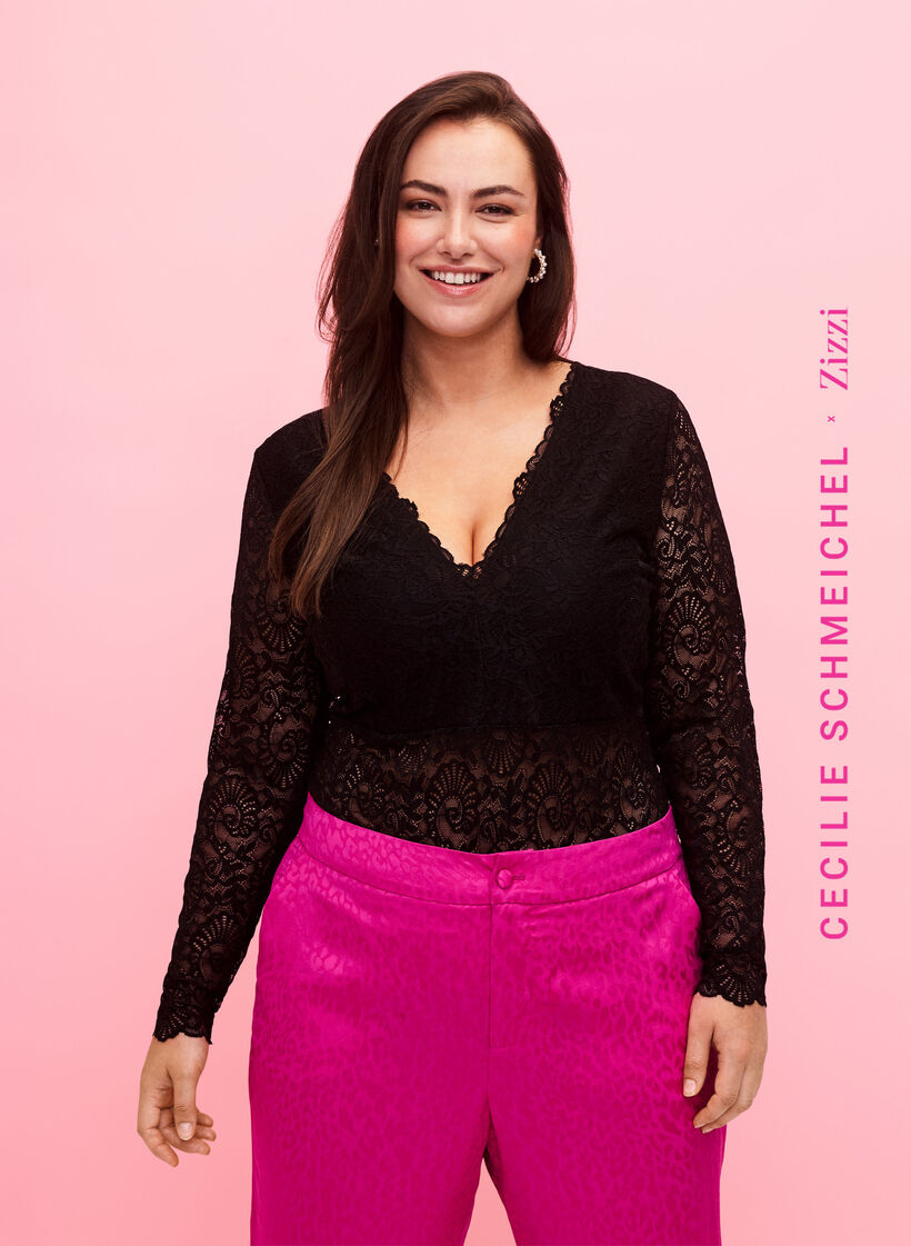 Long-sleeved lace bodystocking with v-neck, Black, Model image number 0