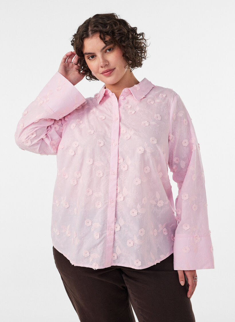 Shirt with floral embroidery and wide sleeves, Pink, Model image number 0