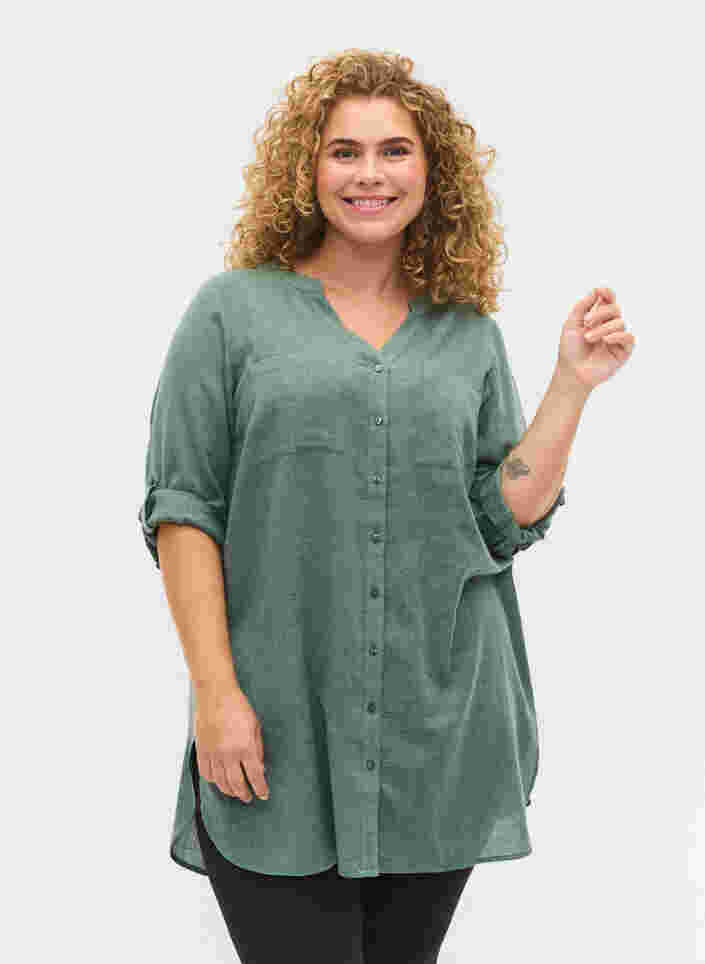 Long shirt with 3/4 sleeves and v-neckline, Balsam Green, Model image number 0