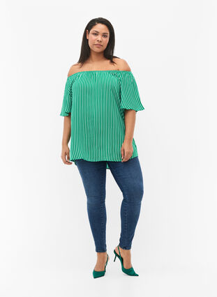Plain viscose blouse with short sleeves, J.Green/White Stripe, Model image number 2