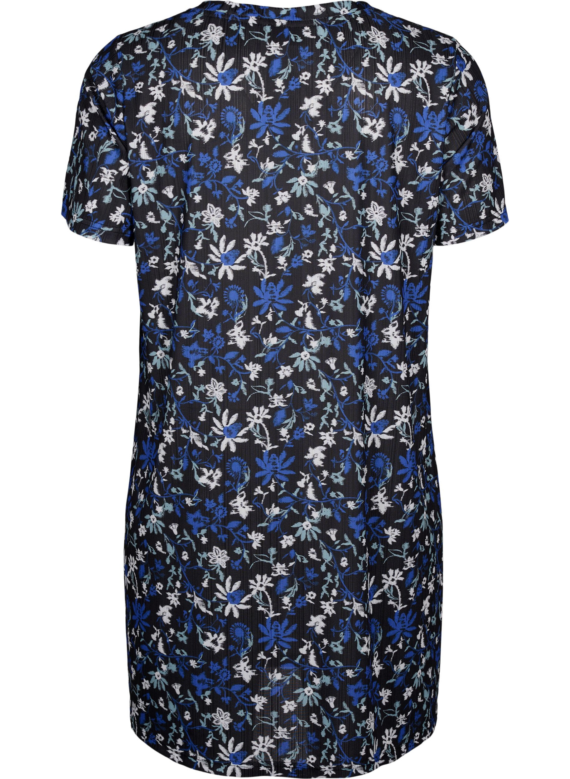 Zizzifashion FLASH - Floral print dress with short sleeves, Black Blue Green AOP, Packshot image number 1