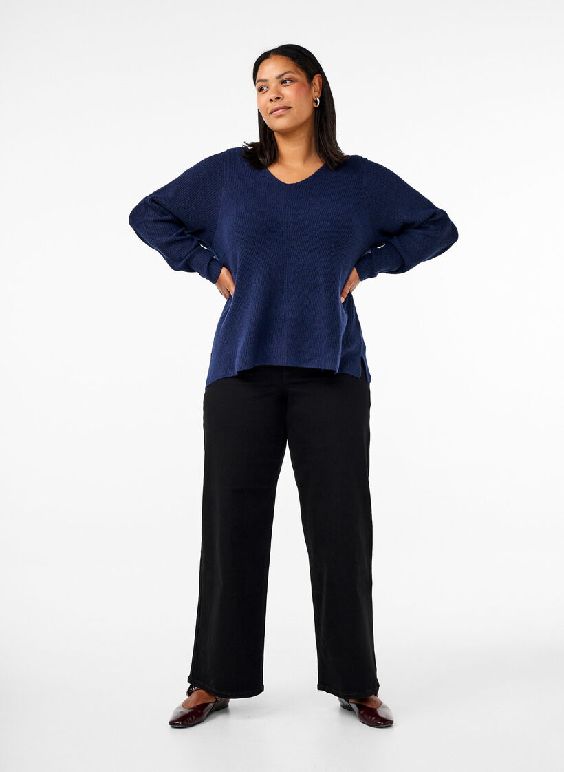 Knitted blouse with v-neck and long sleeves, Naval A. Black Mel., Model image number 2