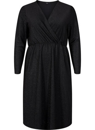 Glitter dress with wrap look and long sleeves, Black Black, Packshot image number 0