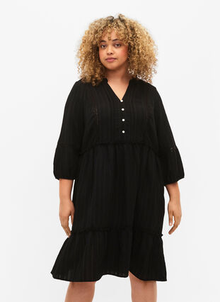 Striped viscose dress with lace band and 3/4 sleeves, Black, Model image number 0