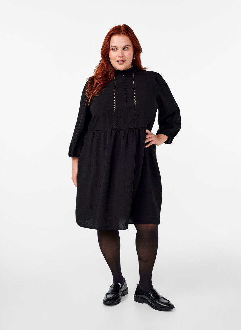 Knee-length dress with embroidery and 3/4 sleeves, Black, Model image number 3