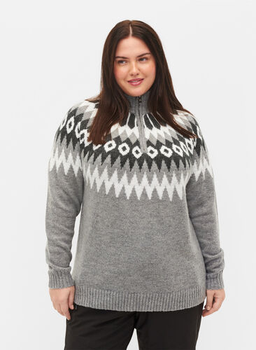Jacquard patterned knitted jumper with high neck and zipper, Dark Grey Mel. Comb, Model image number 0