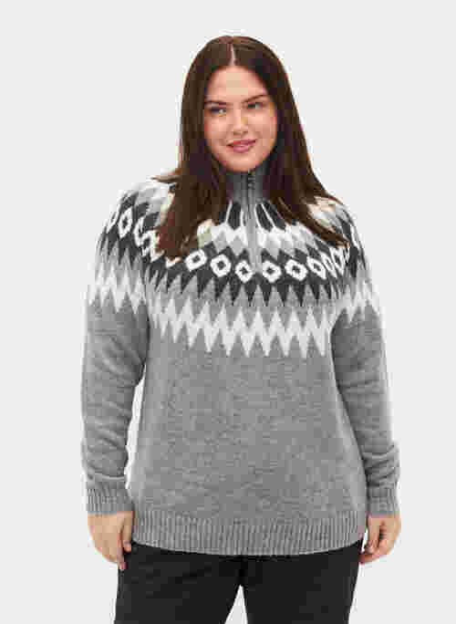 Jacquard patterned knitted jumper with high neck and zipper