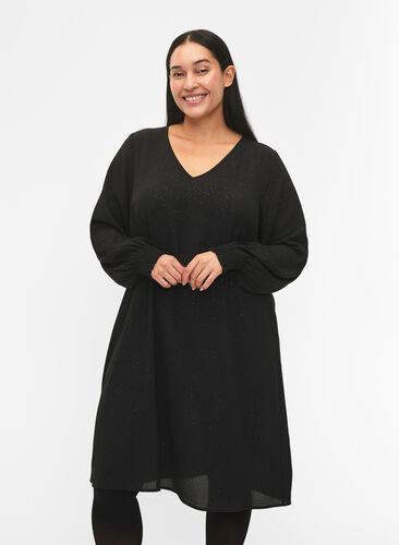 FLASH - Long sleeve dress with glitter, Black w. Silver , Model image number 0