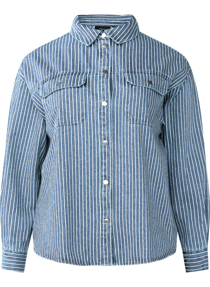 Striped denim shirt with chest pockets, Light B.Denim Stripe, Packshot image number 0