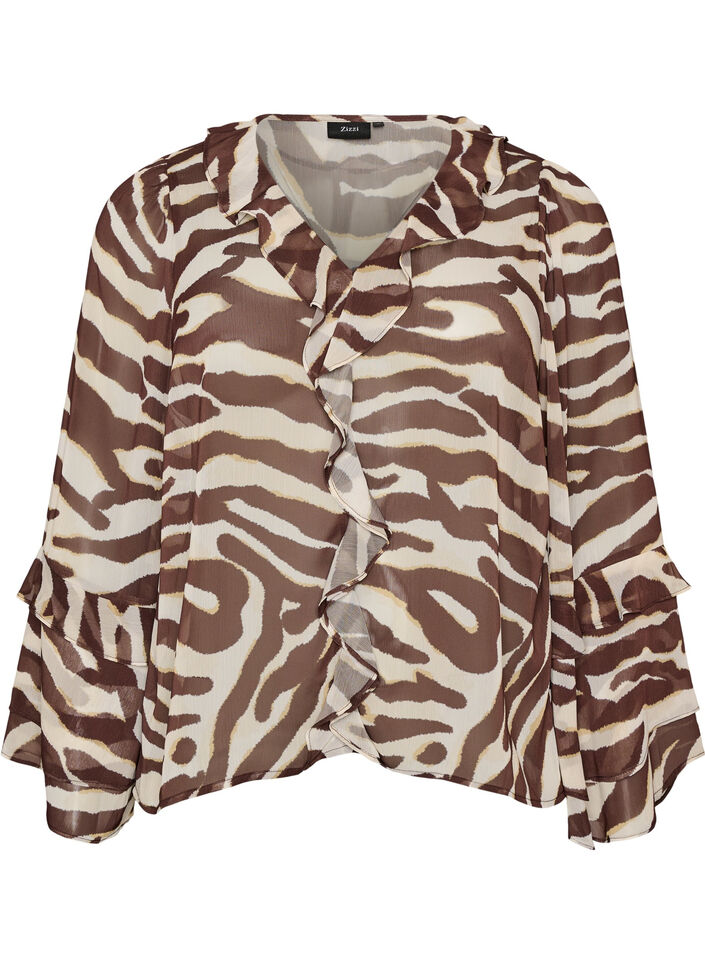 Chiffon blouse with zebra print and ruffles, Brown, Packshot image number 0