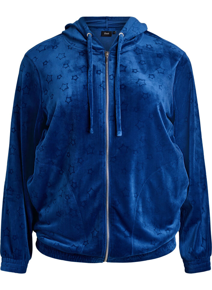 Hooded velour cardigan with pockets, Blue, Packshot image number 0