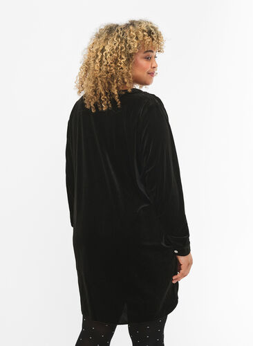 Long sleeve velour dress with v-neck, Black, Model image number 1