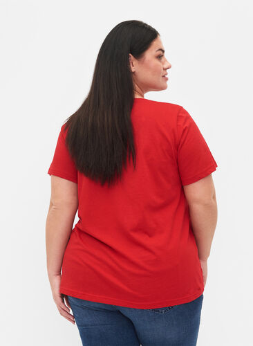 Cotton t-shirt with text print and v-neck, Tango Red ORI, Model image number 1