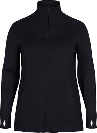 Bamboo knitted top with high neck and zip, Black, Packshot image number 0