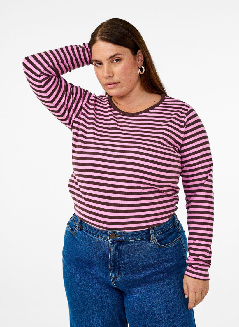 Striped blouse with long sleeves, Pink, Model image number 0