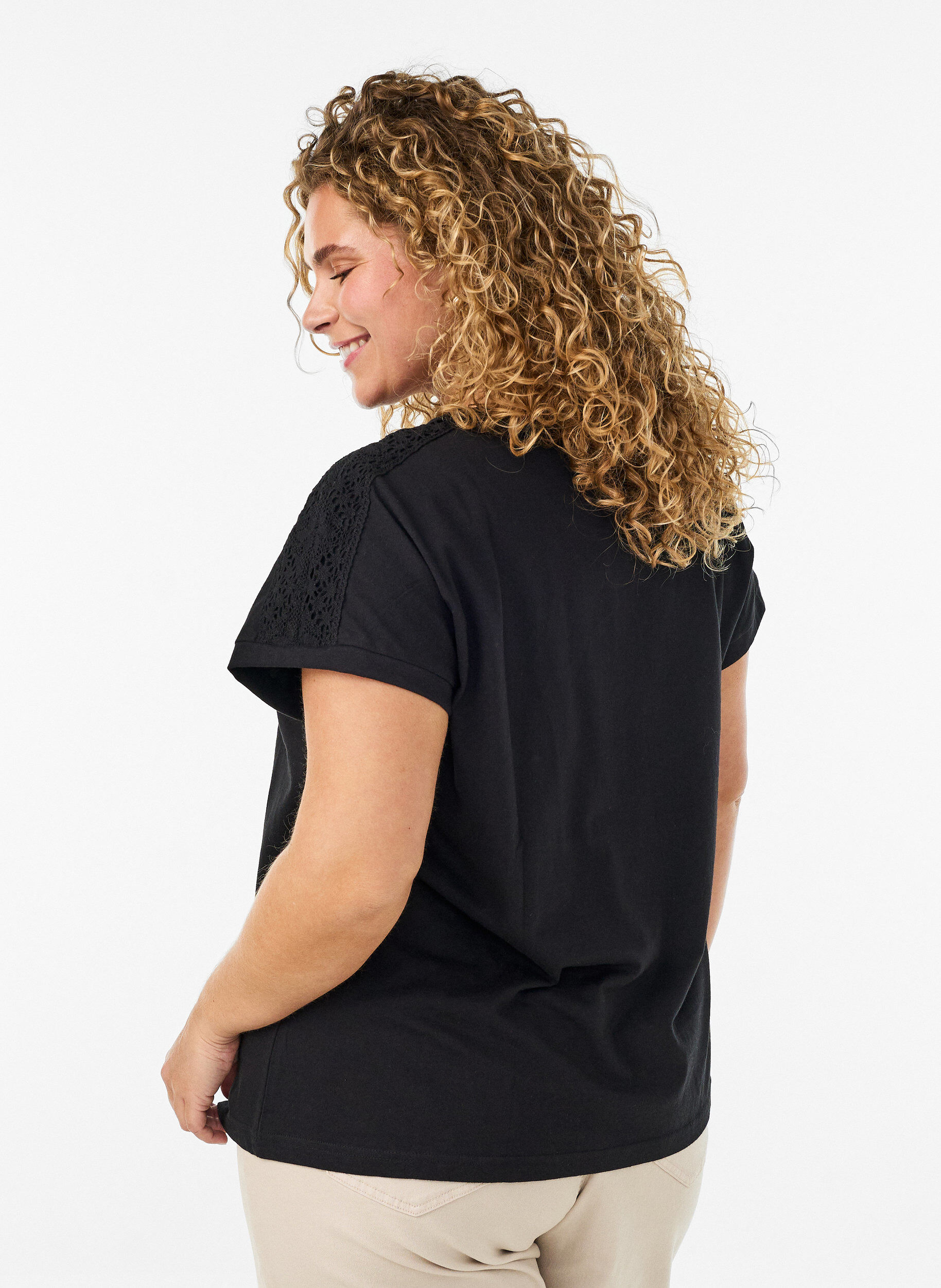 ZizzifashionCotton T-shirt with crochet detail, Black, Model image number 2