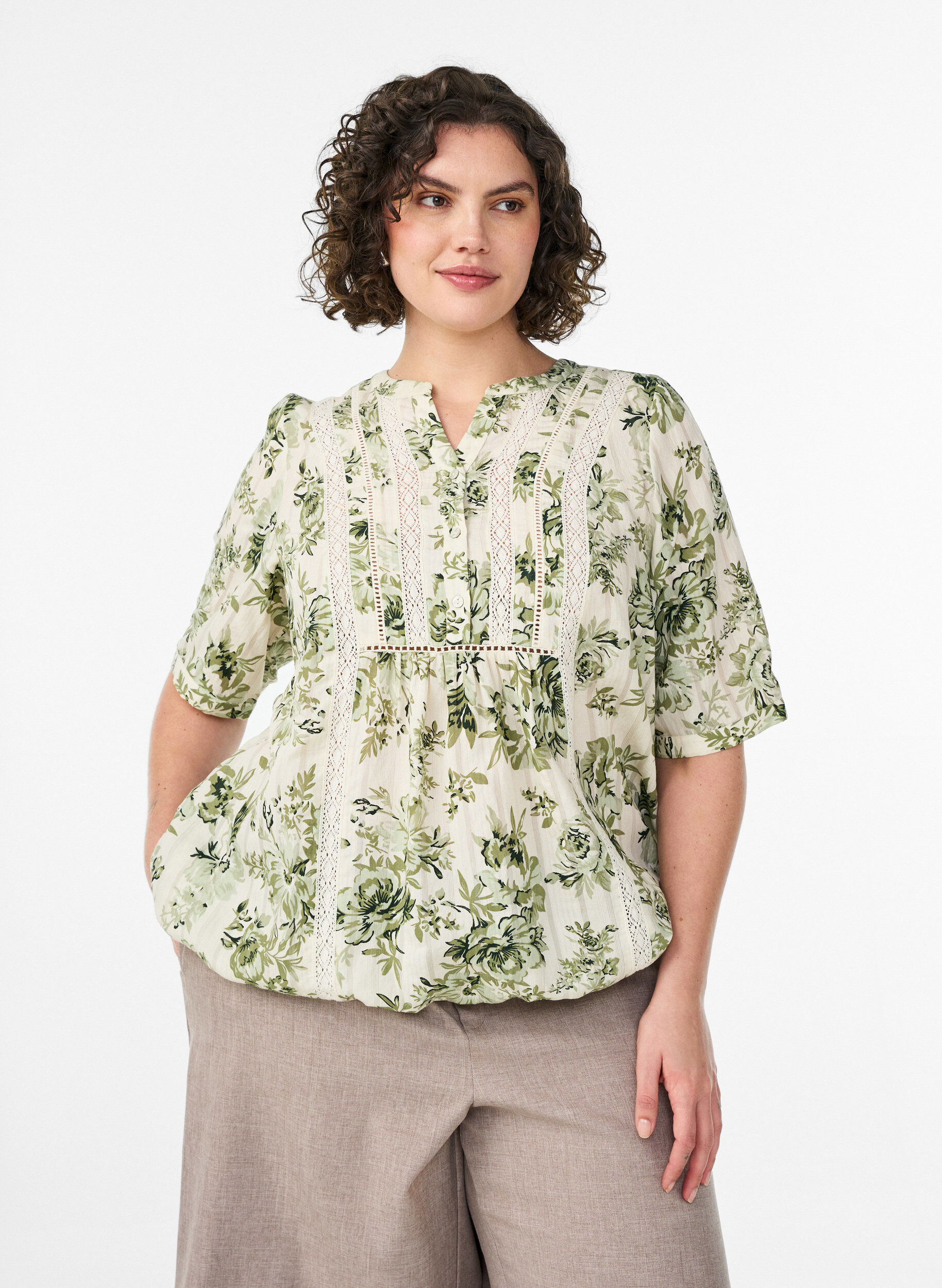 ZizzifashionBlouse with print and 1/2 sleeves, Green, Model image number 0
