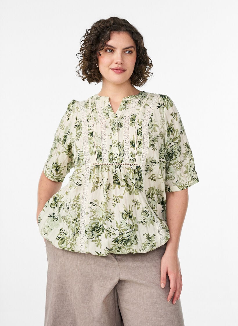 Blouse with print and 1/2 sleeves, Green, Model image number 0