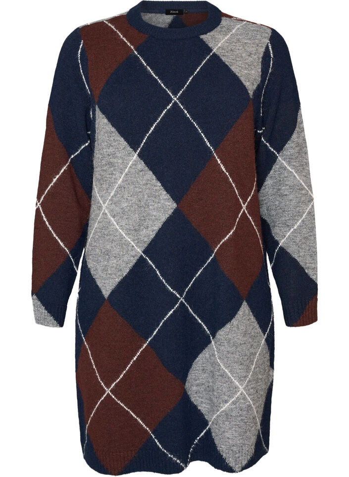 Knitted dress with large check pattern, Blue, Packshot image number 0