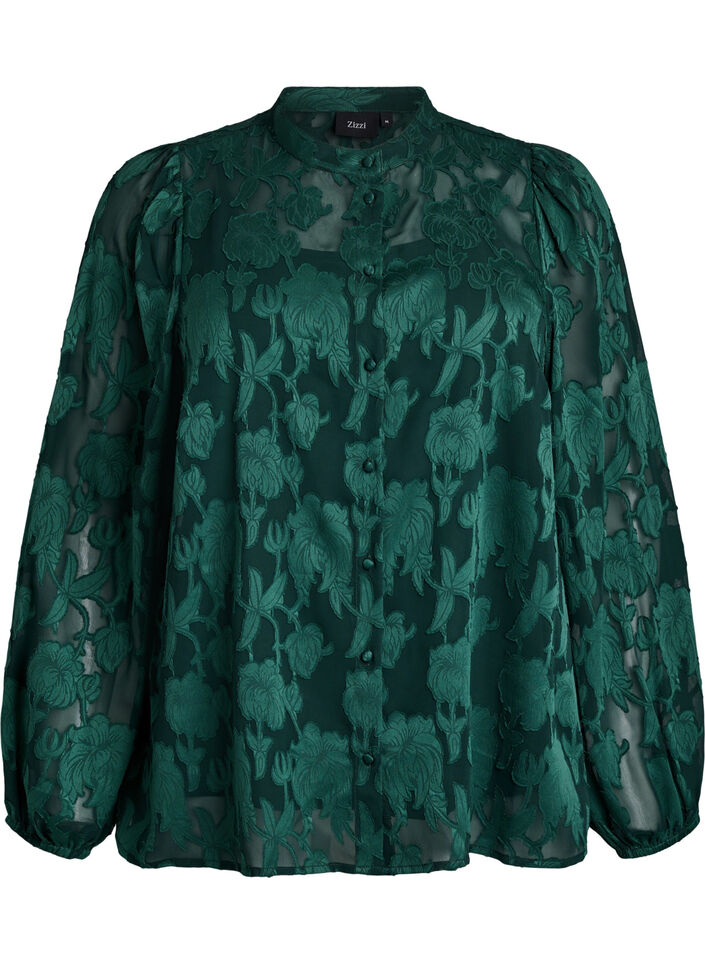 Blouse with buttons and floral pattern, Green, Packshot image number 0