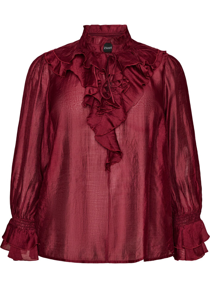 Viscose blouse with ruffles and long sleeves, Red, Packshot image number 0