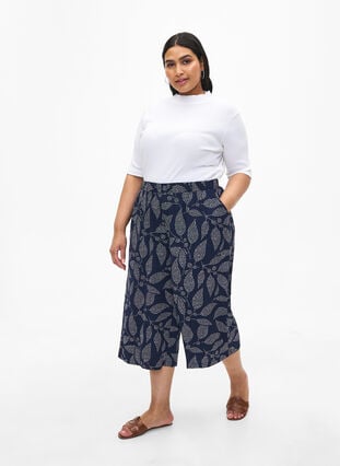 Culotte trousers with print, Navy B. w. Dot Leaf, Model image number 0