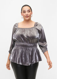 Silver-colored blouse with 3/4 sleeves and smock, Dark Silver, Model