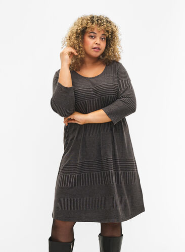 Dress with 3/4 sleeves and striped pattern, Dark Grey Mélange, Model image number 0