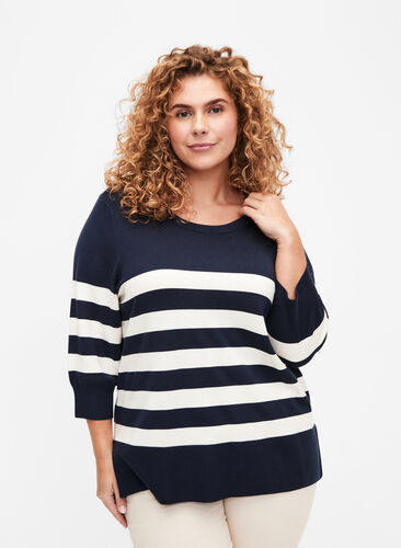 Striped viscose pullover with 3/4 sleeves, Navy Blazer/Birch, Model image number 0