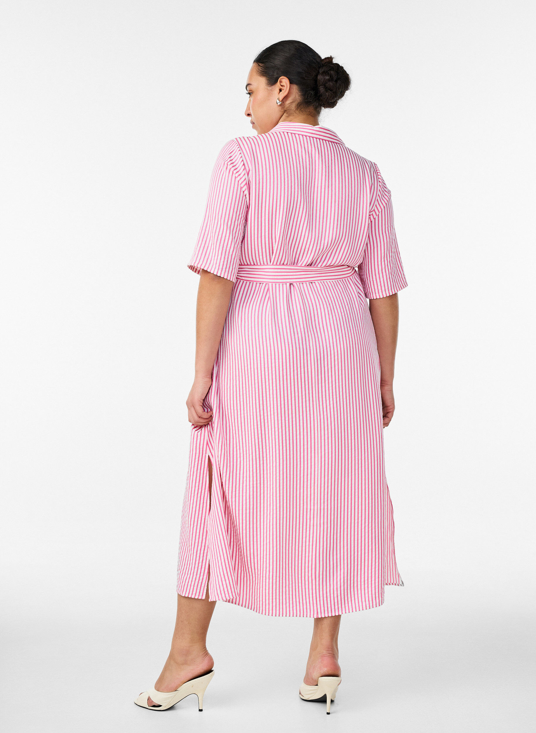ZizzifashionAnkle-length shirt dress with tie belt and stripes, Pink, Model image number 1