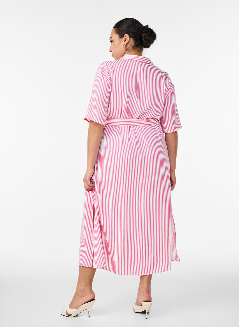 Ankle-length shirt dress with tie belt and stripes, Pink, Model image number 1