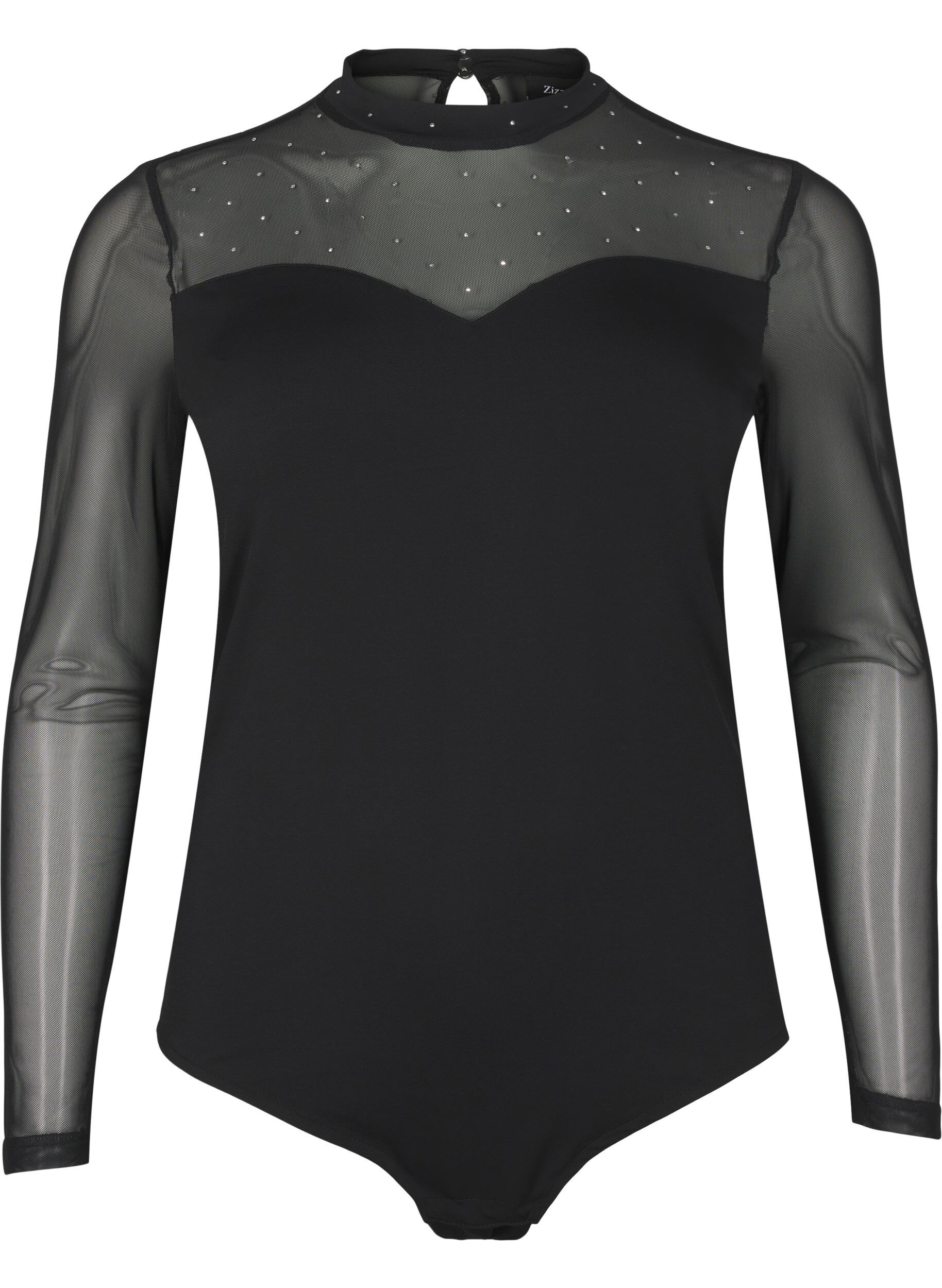 Zizzifashion Bodystocking with studs and long mesh sleeves, Black, Packshot image number 0