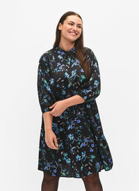 Shirtdress with 3/4 sleeves and floral print, Blue Flower AOP, Model