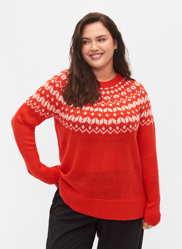 Knitted jumper with jacquard pattern, Fiery Red Comb, Model image number 0