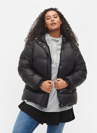 Short puffer jacket with hood, Black, Model image number 0