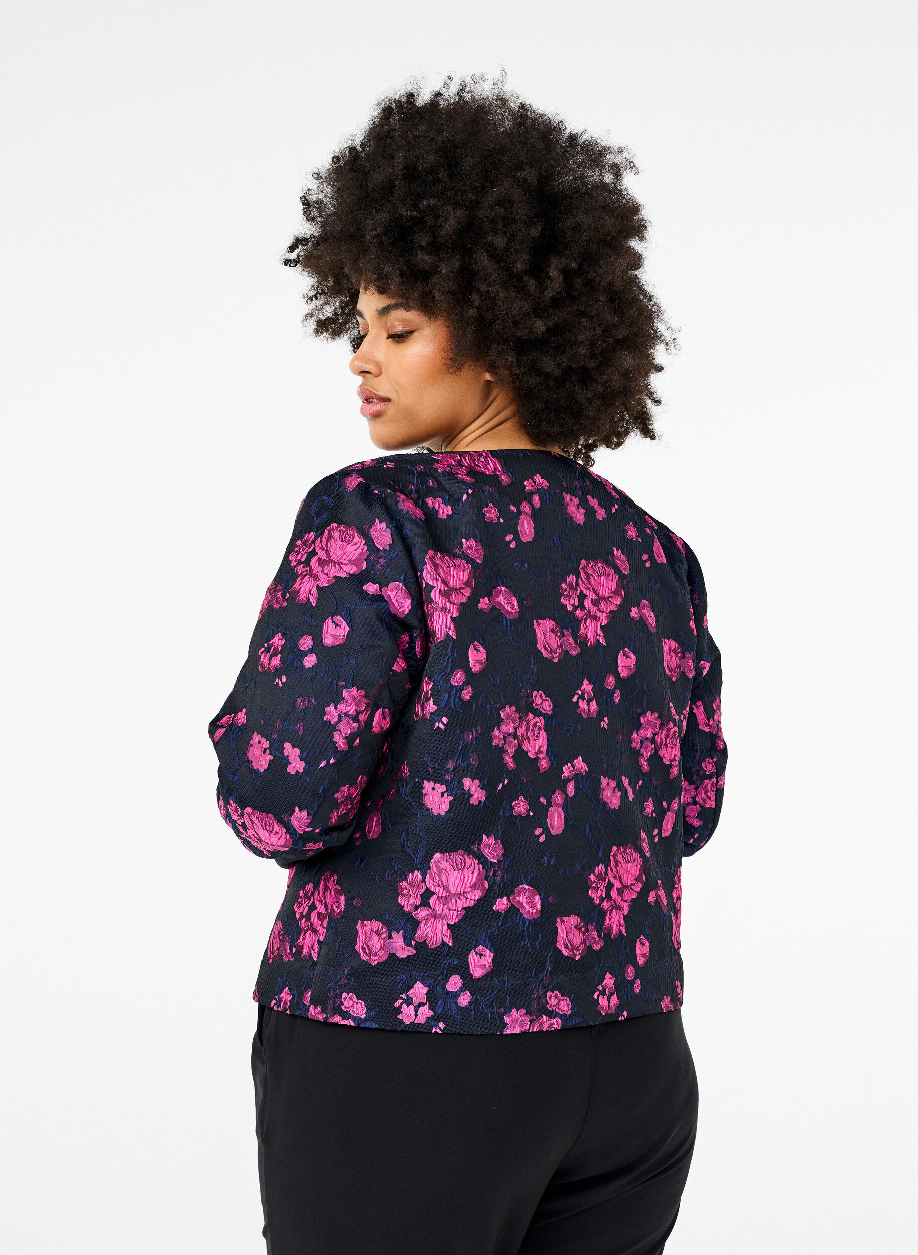 Zizzifashion Jacquard jacket with floral pattern, Black w. Red Rose, Model image number 1