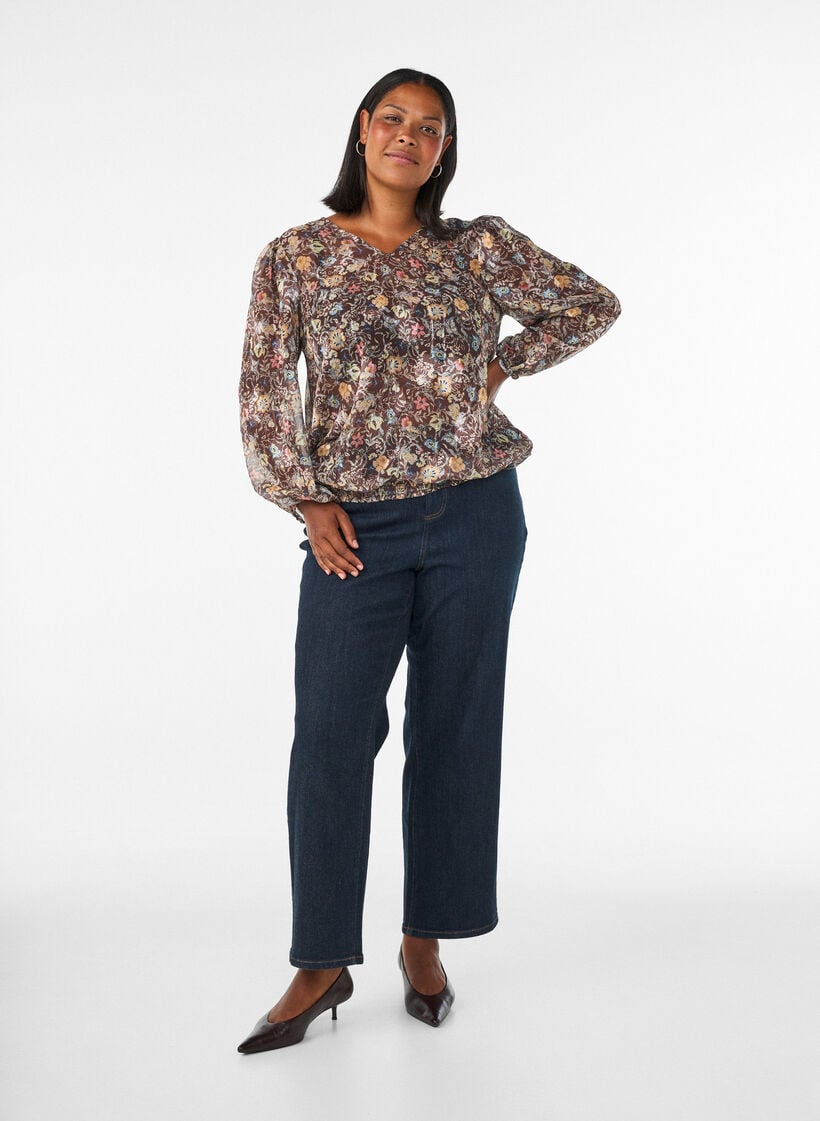 Blouse with floral print and balloon sleeves, Brown, Model image number 1