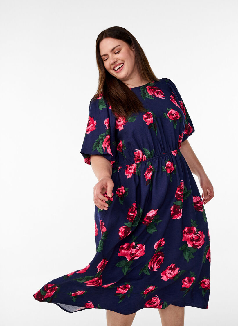Midi dress with rose print and short balloon sleeves, Blue, Model image number 3