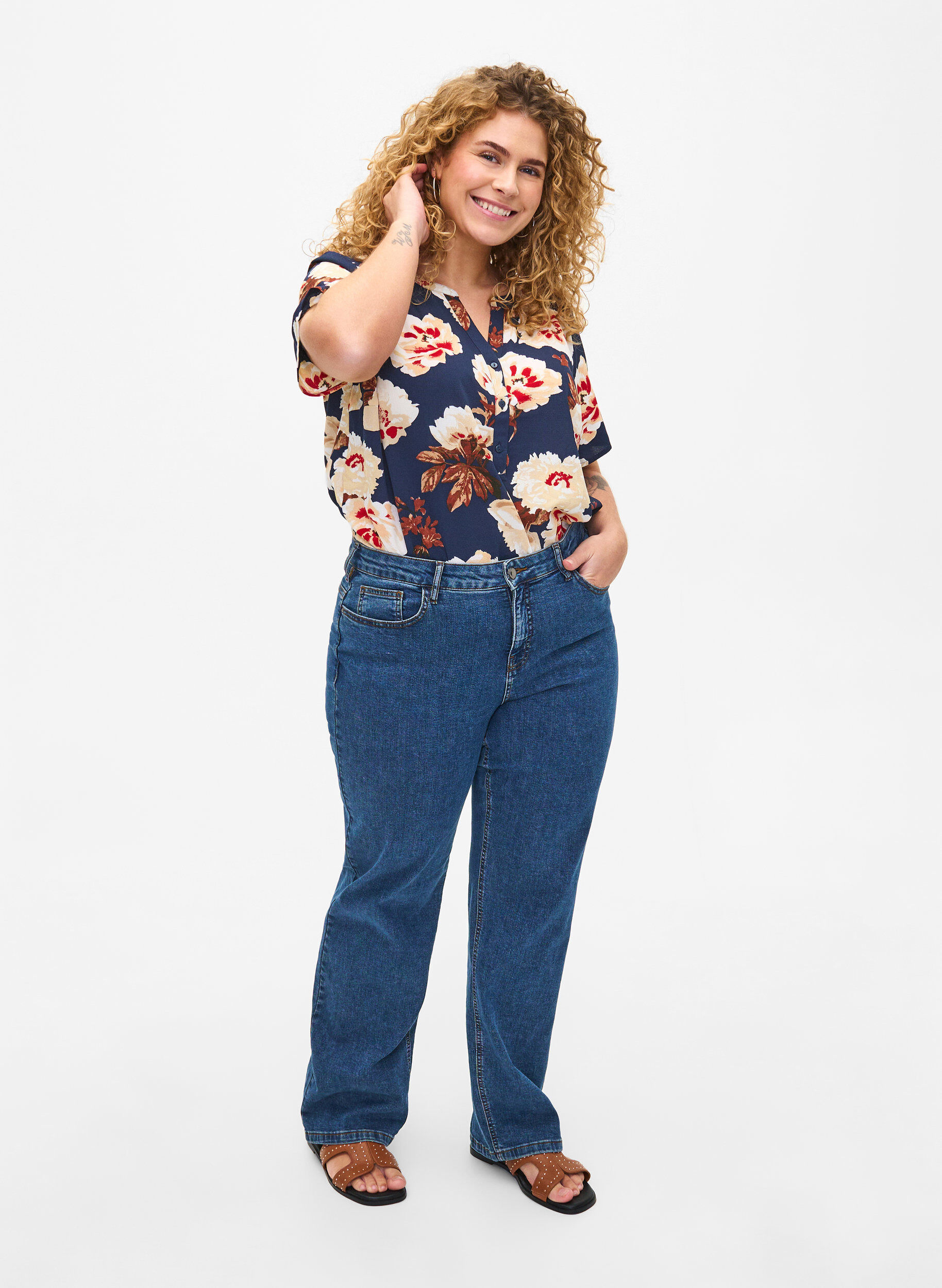 Zizzifashion Blouse with short sleeves and v-neck, Blue, Model image number 1