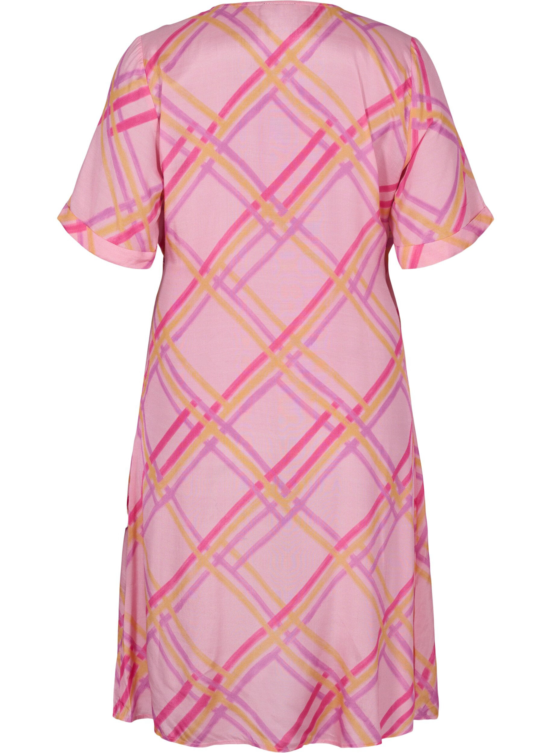 Zizzifashion Checkered viscose dress with wrap, Pink Check, Packshot image number 1