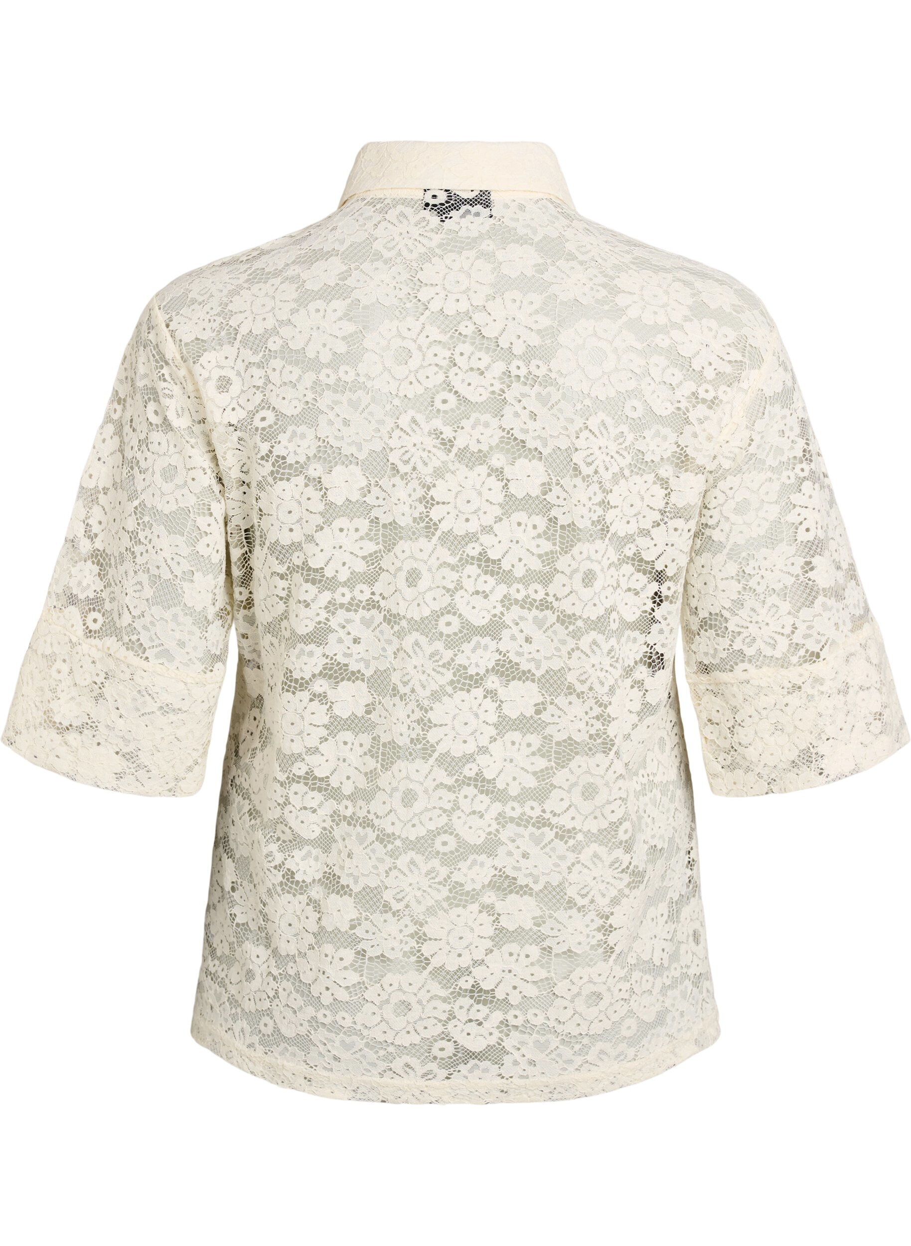 Zizzifashion Lace blouse with collar and 1/2 sleeves, Vanilla, Packshot image number 1