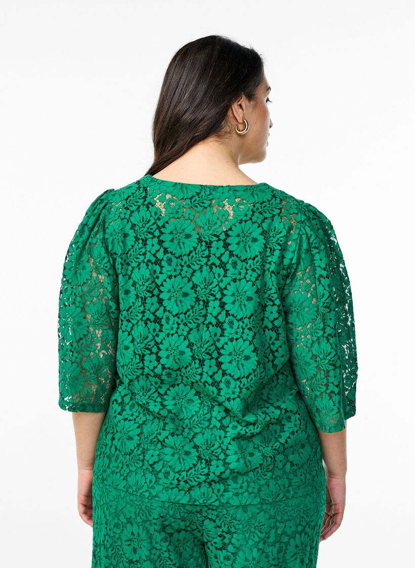 Lace blouse with 3/4 sleeves and bows on the front, Green, Model image number 2