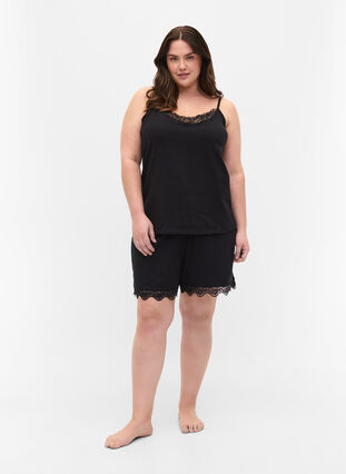 Cotton night top with lace trim, Black, Model image number 2