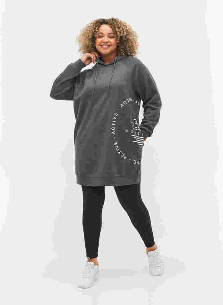 Long sweatshirt with a hood and print details, Dark Grey Melange, Model image number 2