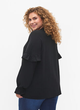 Blouse with ruffles and buttons, Black, Model image number 1