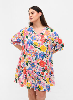 Printed viscose tunic with short sleeves, Crystal Gray AOP, Model image number 0